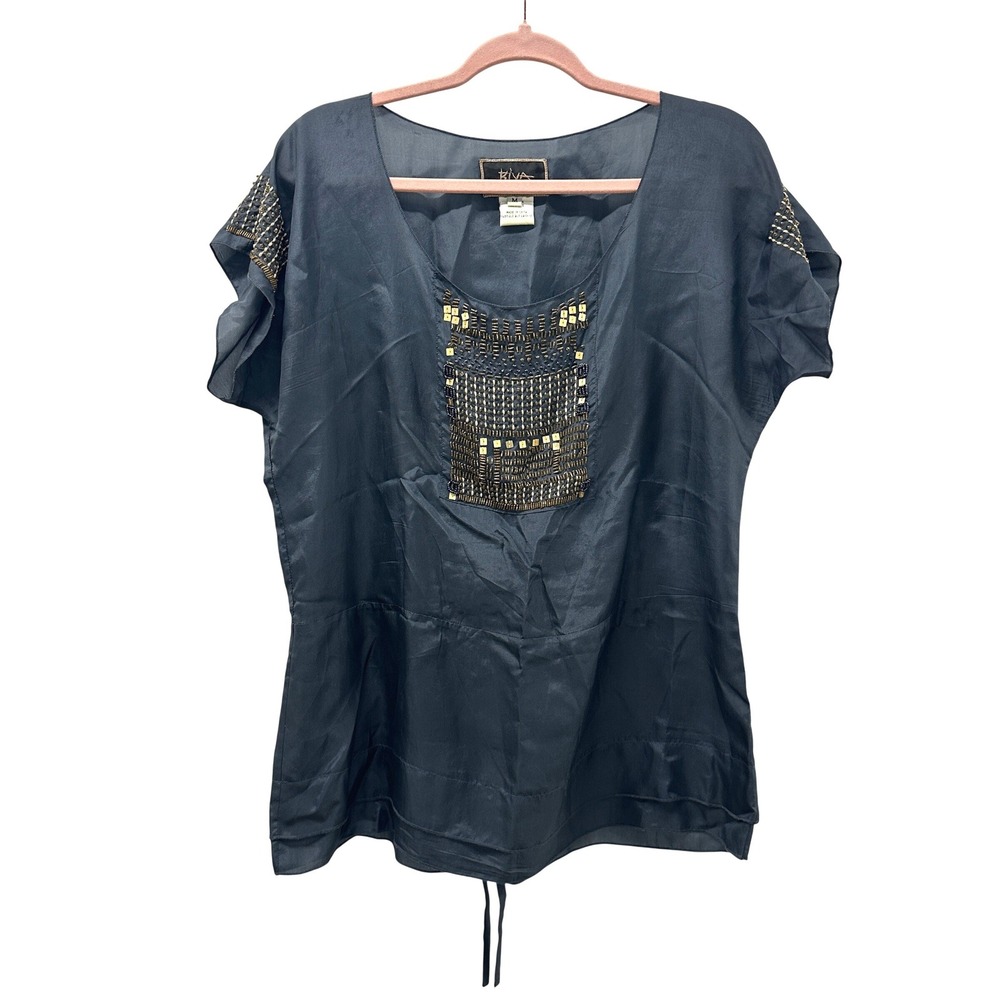 Biya Johnny Was Silk Beaded Blouse Navy Short Sleeve Top Medium